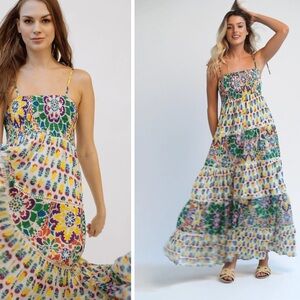 Guadalupe Designs Agata Flow Dress Multicolor Floral Smocked Cotton Maxi Dress S